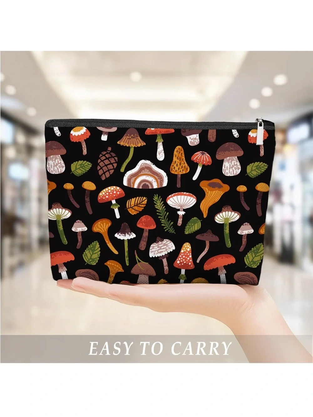 Mushroom Pattern Zipper Pouch - Black